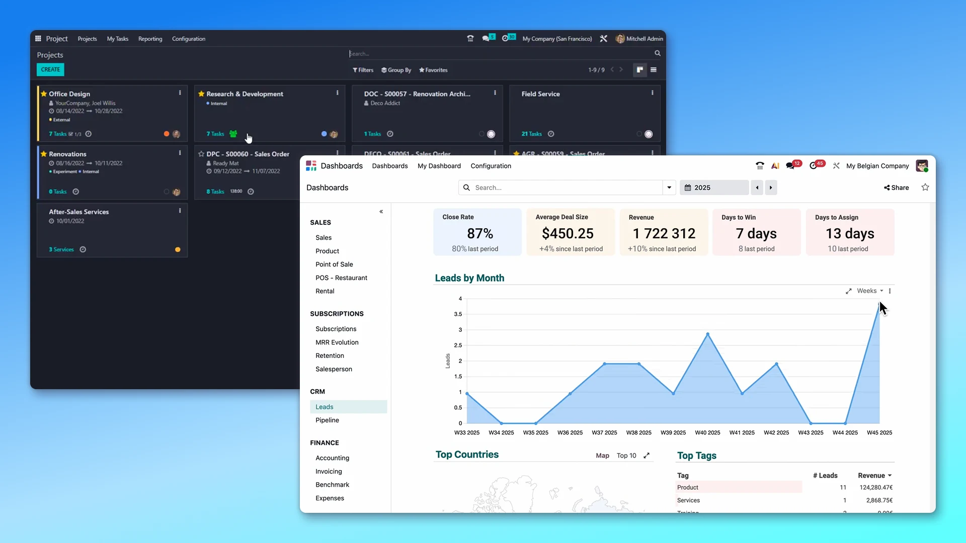 Dashboard and Projects pages in CRM ERP Odoo implementation