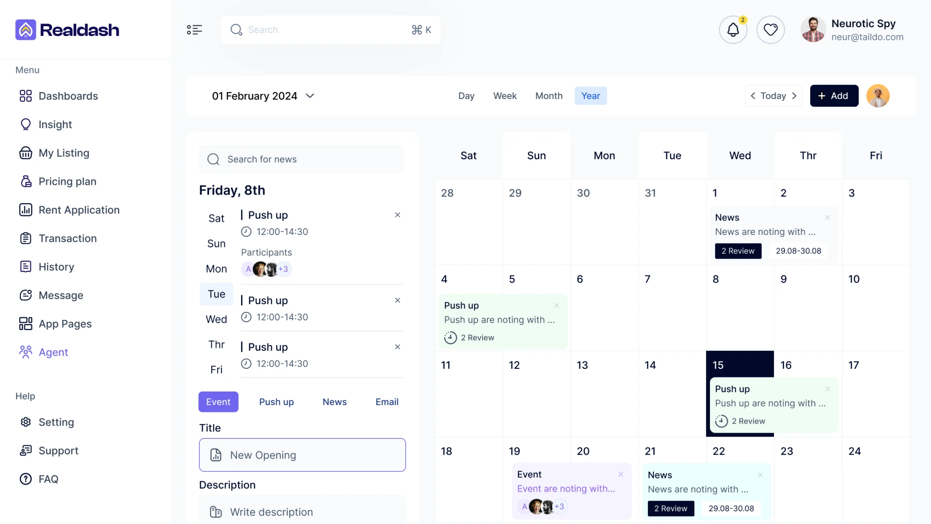 Real Estate CRM Events Calendar Page