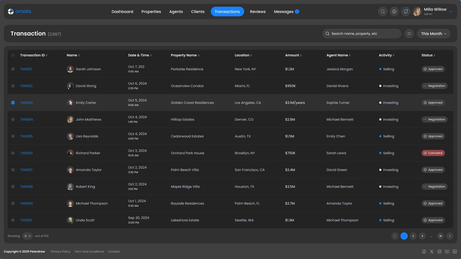 Real Estate CRM Transactions Page