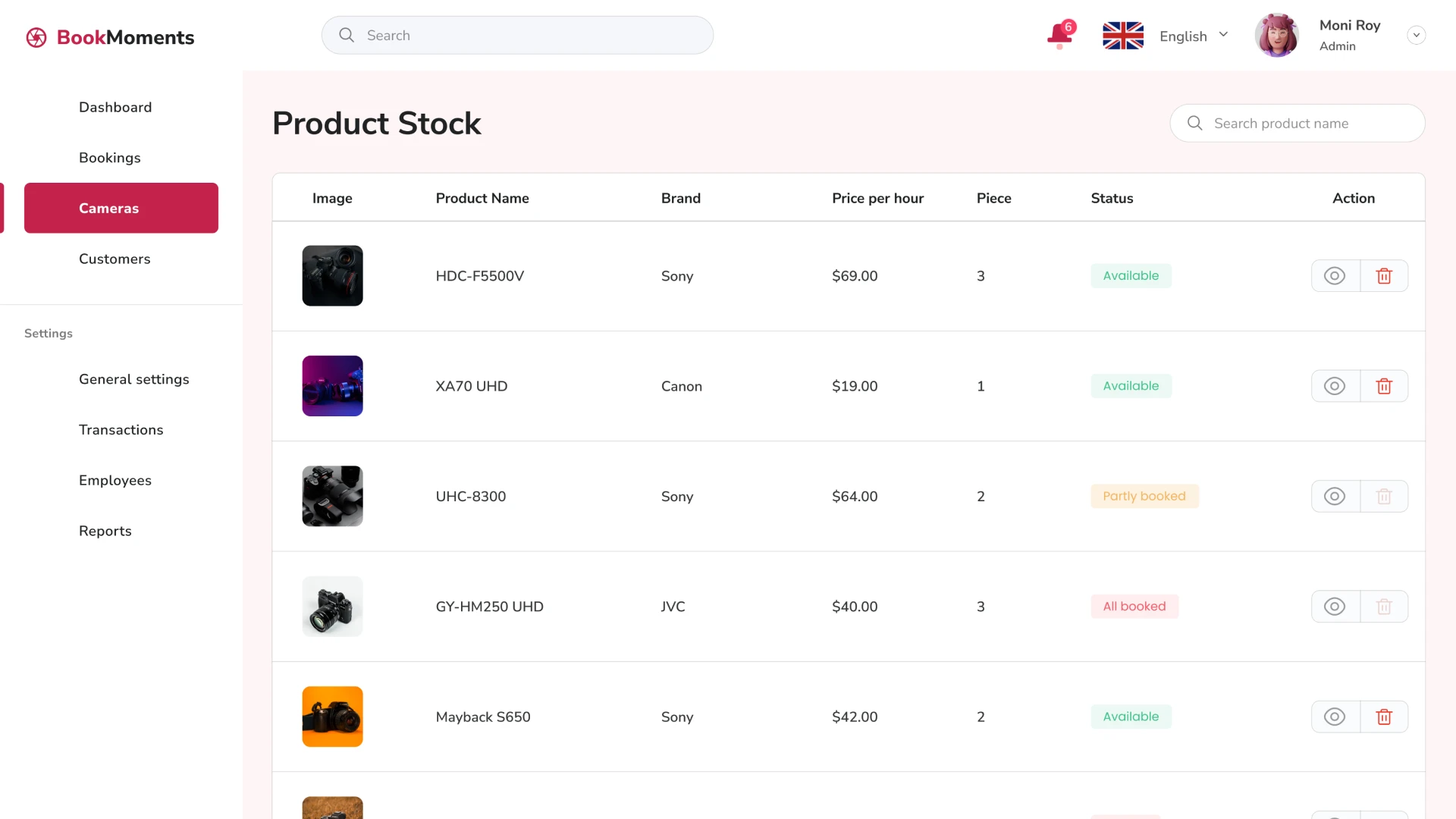 Camera Rental CRM Product Stock Page