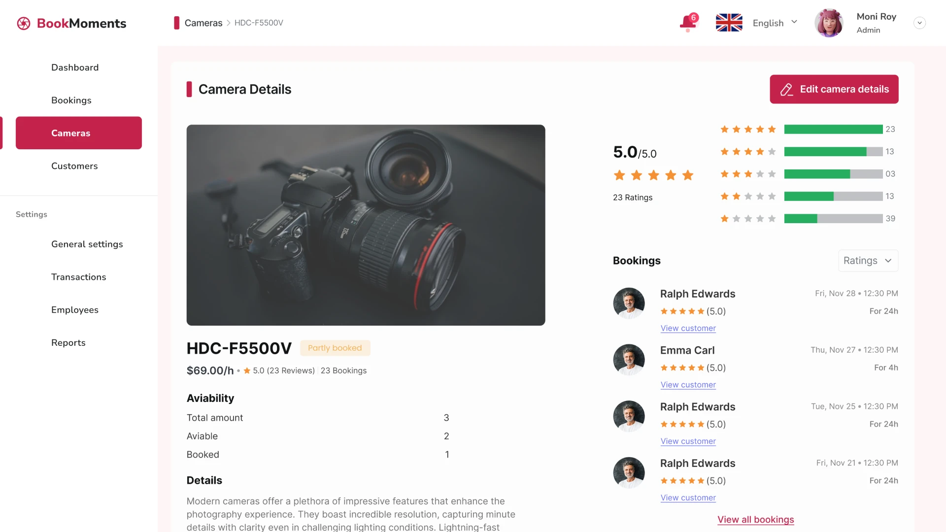 Camera Rental CRM Camera Details Page