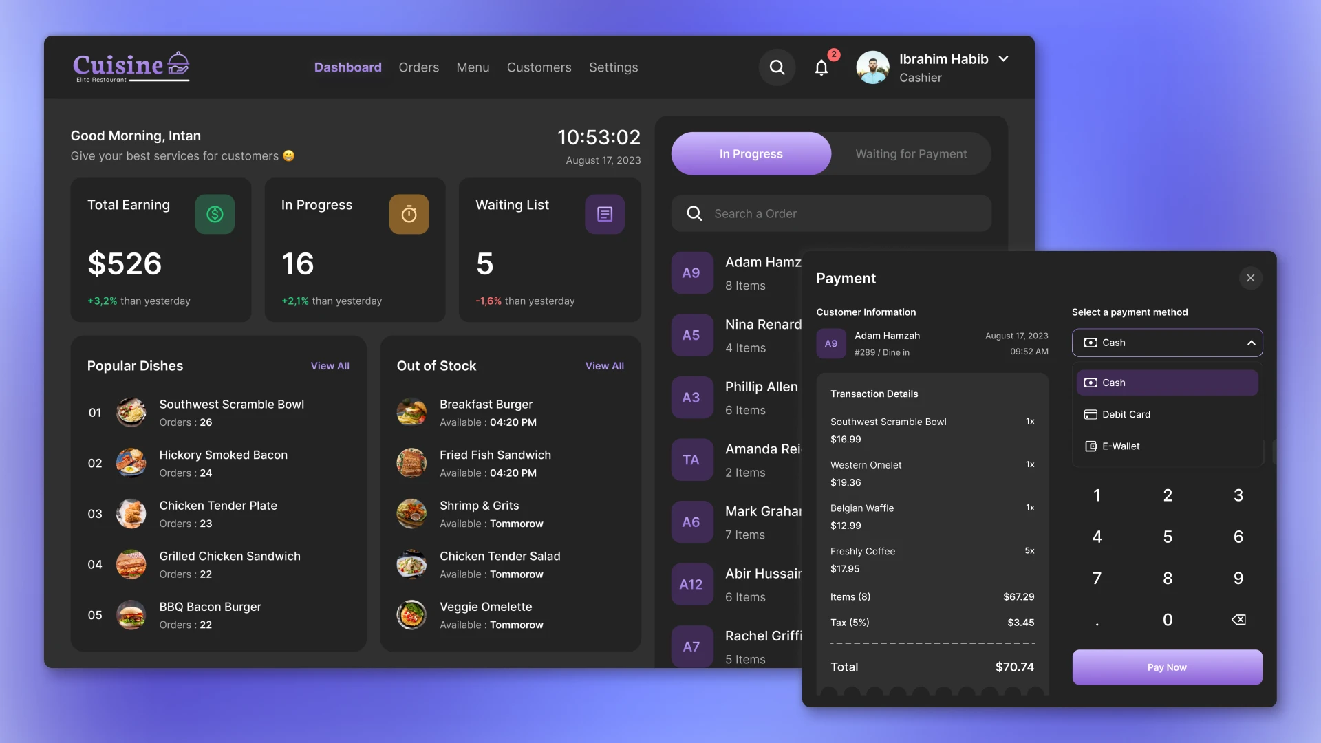 Restaurant CRM Dashboard Page and Payment Pop-up