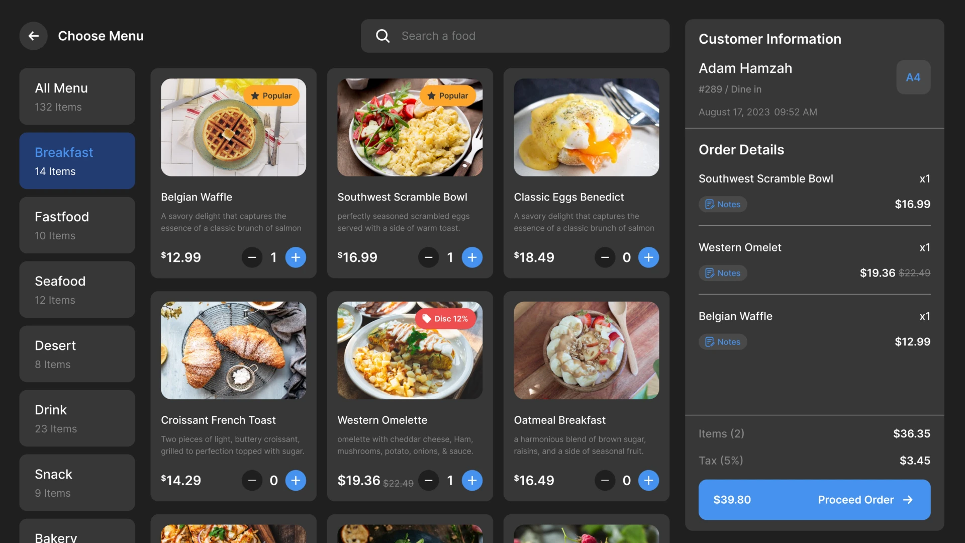 Restaurant CRM Choose Menu Page