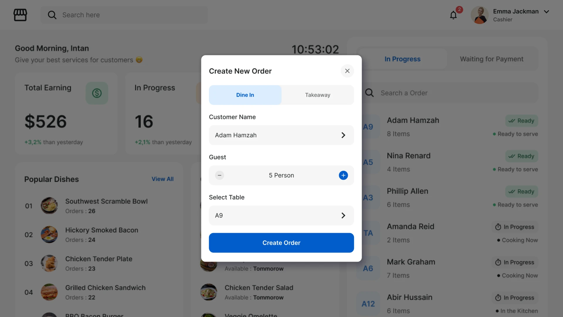 Restaurant CRM Create New Order Pop-up
