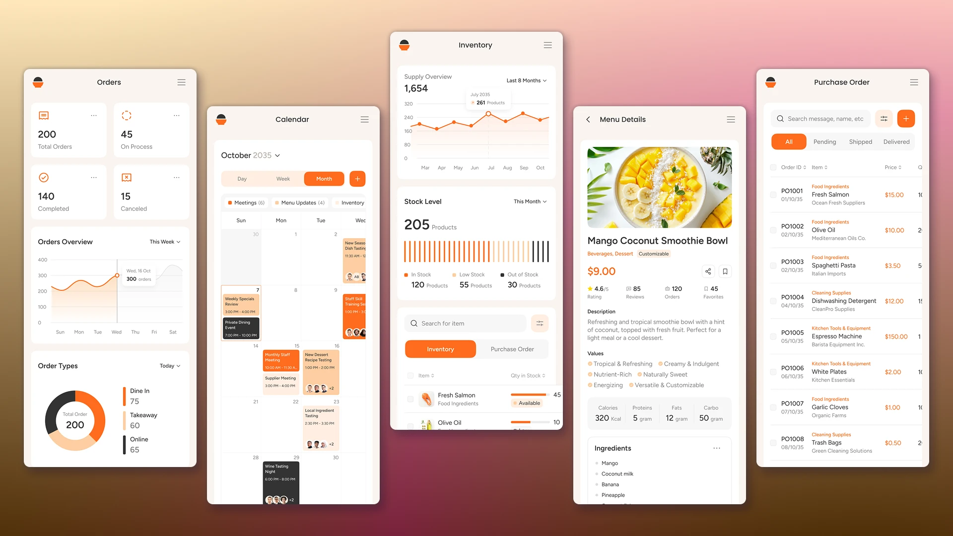 Restaurant Mobile CRM, Orders, Calendar, Inventory, Menu Details, Purchase Order Pages