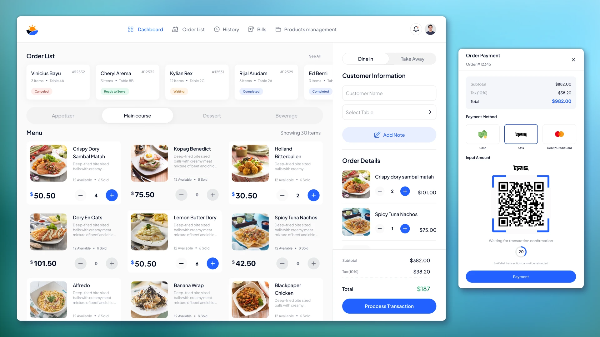 Restaurant CRM Order List and Order Payment Pages
