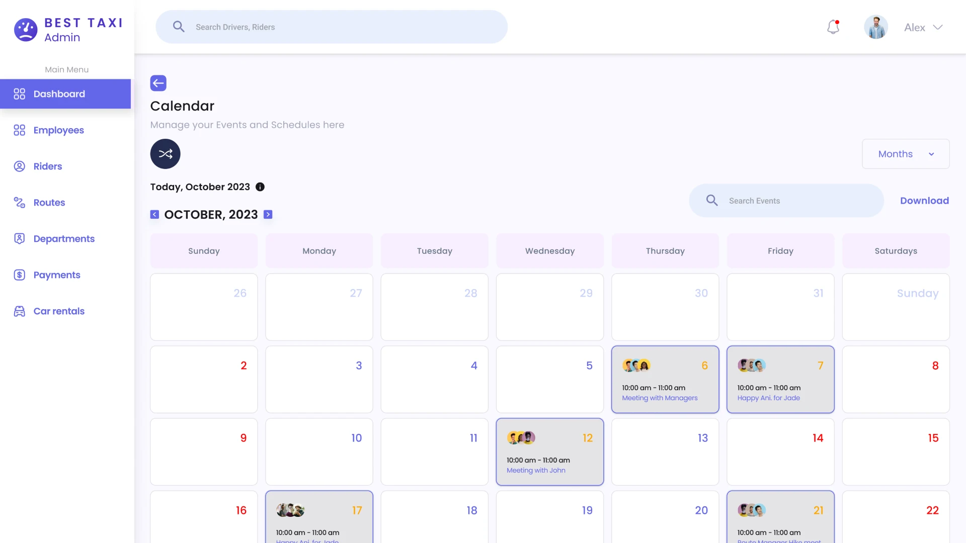 Calendar Page CRM for taxi service