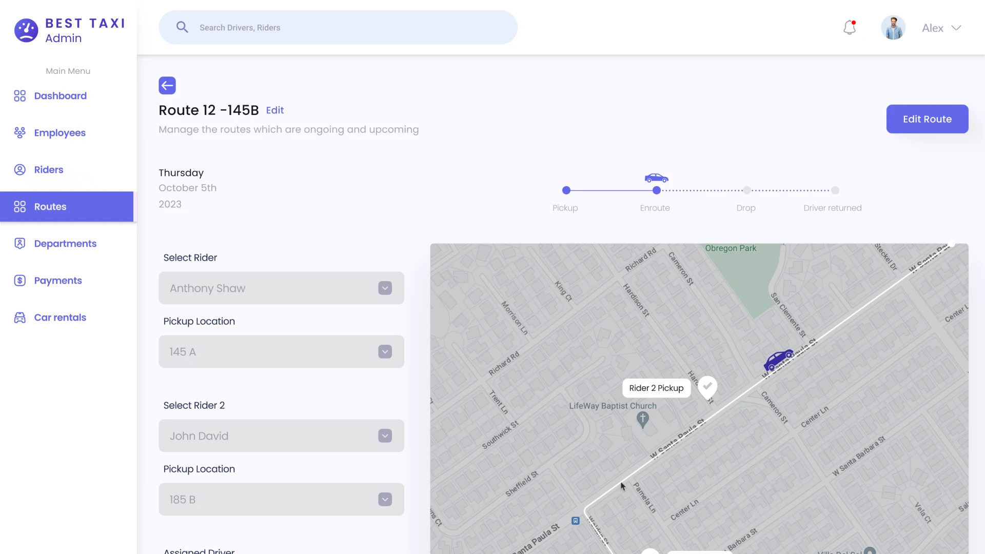 Route Page CRM for taxi service