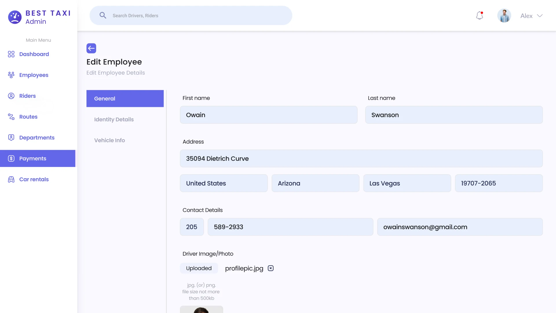 Edit Employee Page CRM for taxi service