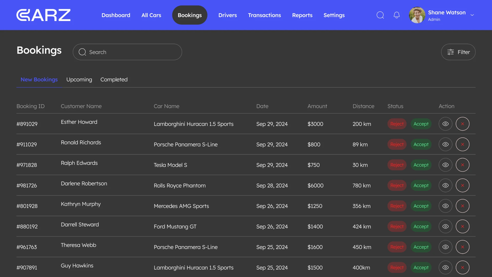 Bookings Page CRM for taxi service