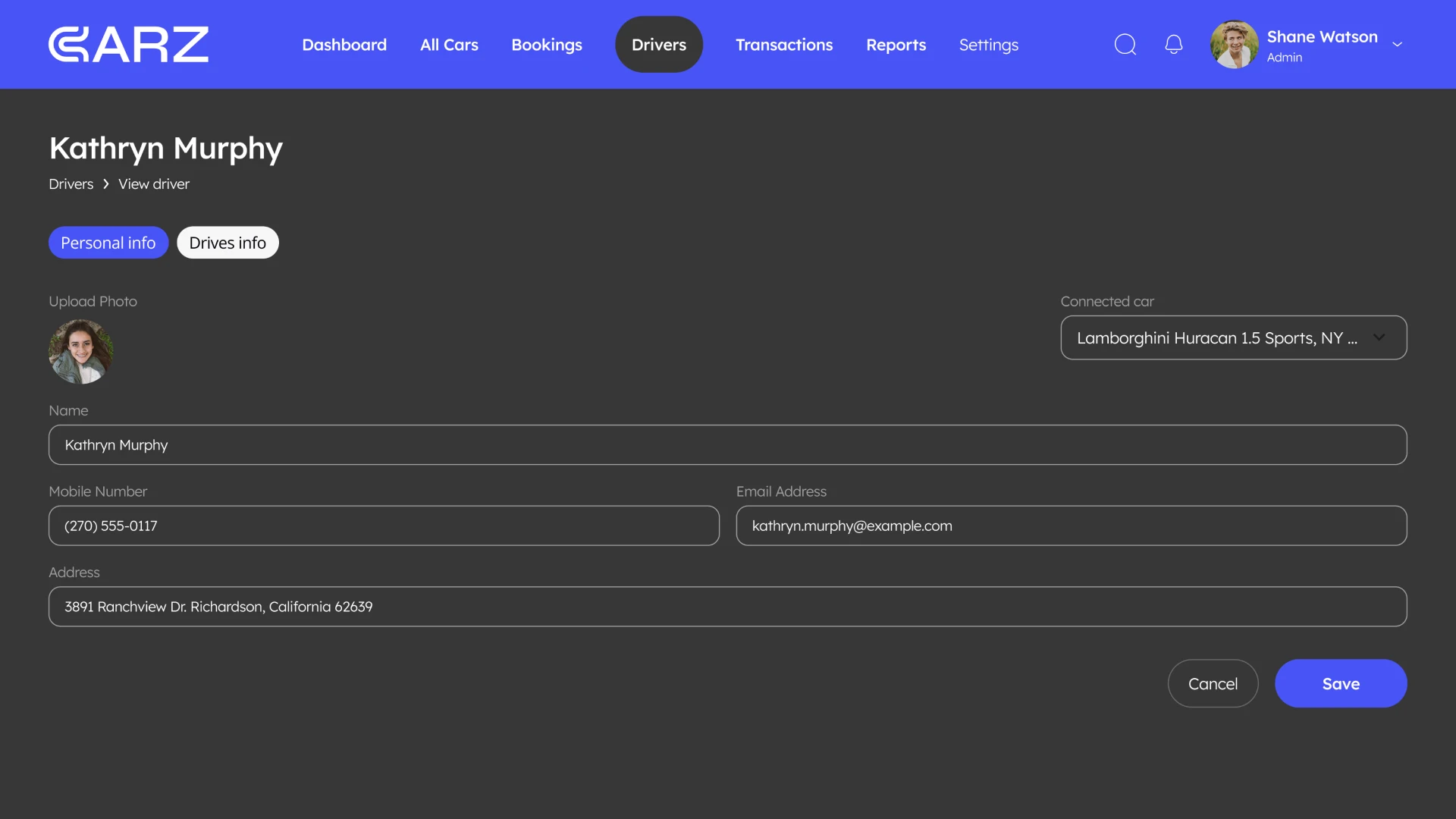 Driver Info Page CRM for taxi service