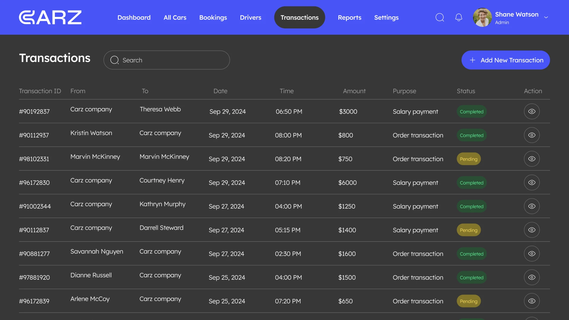 Transactions Page CRM for taxi service