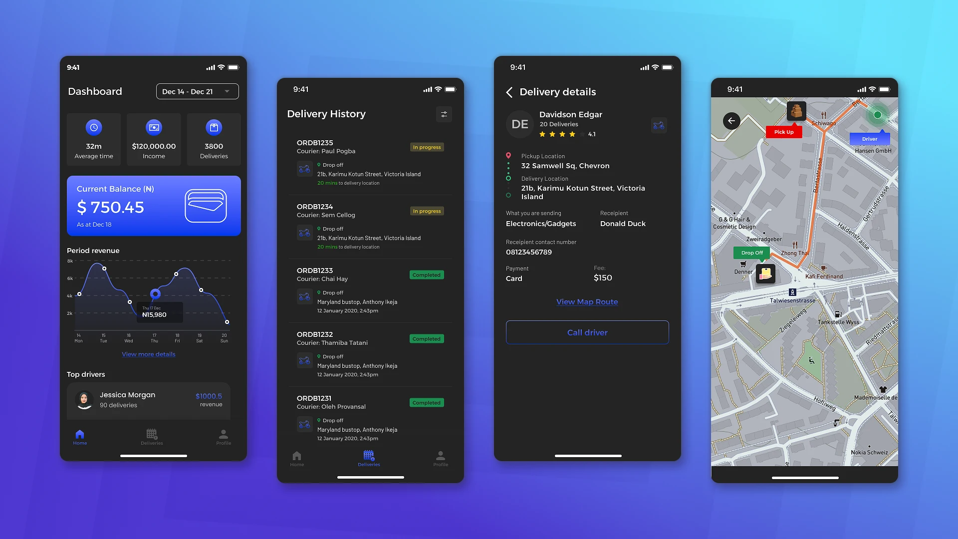 Mobile screens of CRM for transportation and logistics